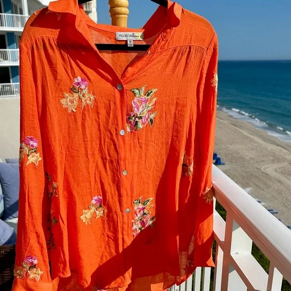 Figueroae & Flower a beautiful color Orange Floral embroidery Button Down Shirt - Picture 3 of 9